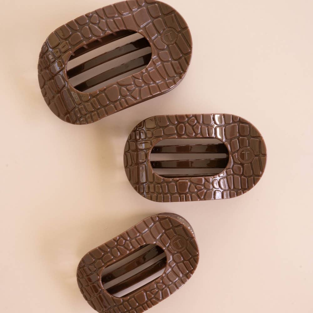 TELETIES Brown Crocodile Medium Flat Round Hair Clip