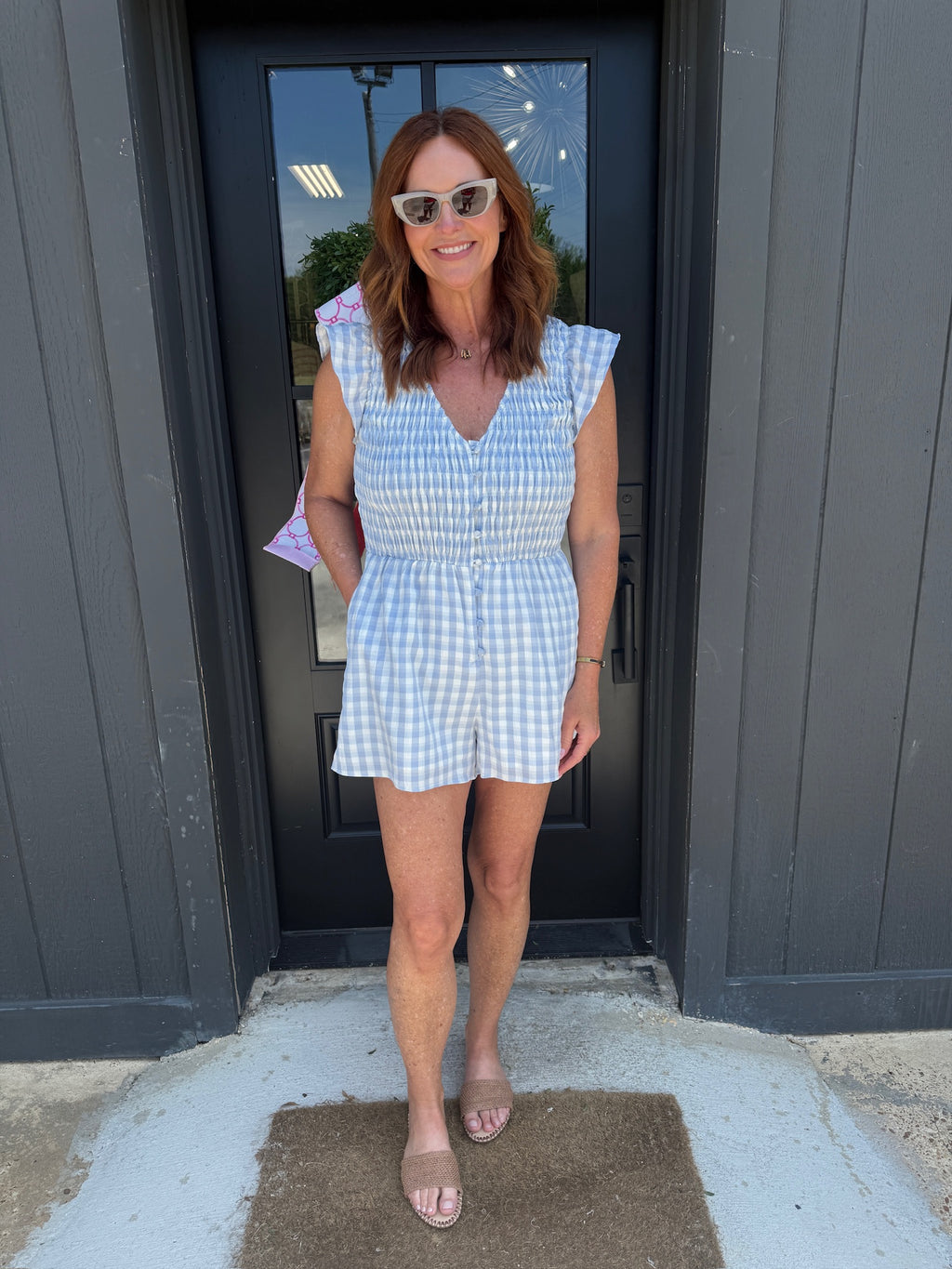sadie & sage starlet gingham romper in sky-blue