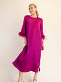 glam plum feather trim evening midi dress in plum