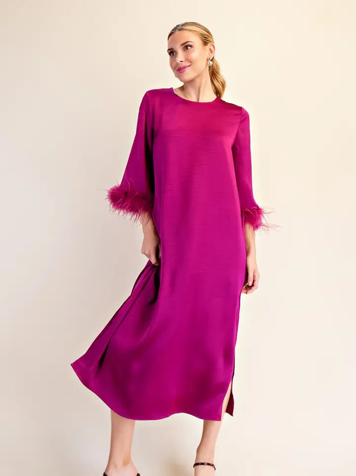 glam plum feather trim evening midi dress in plum