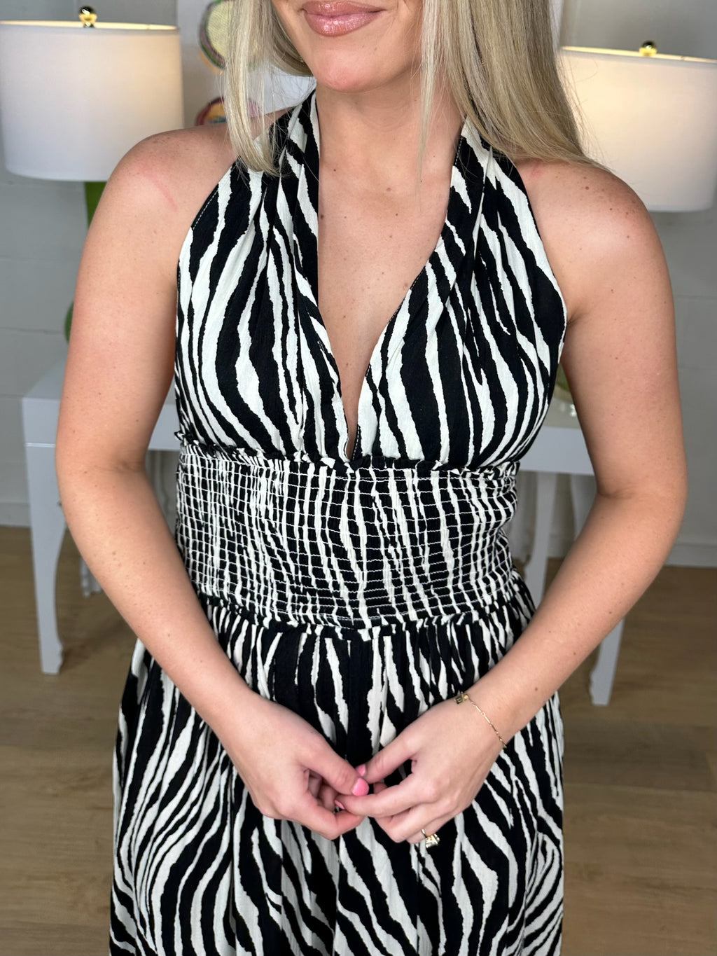 elan maxi halter dress in black zebra