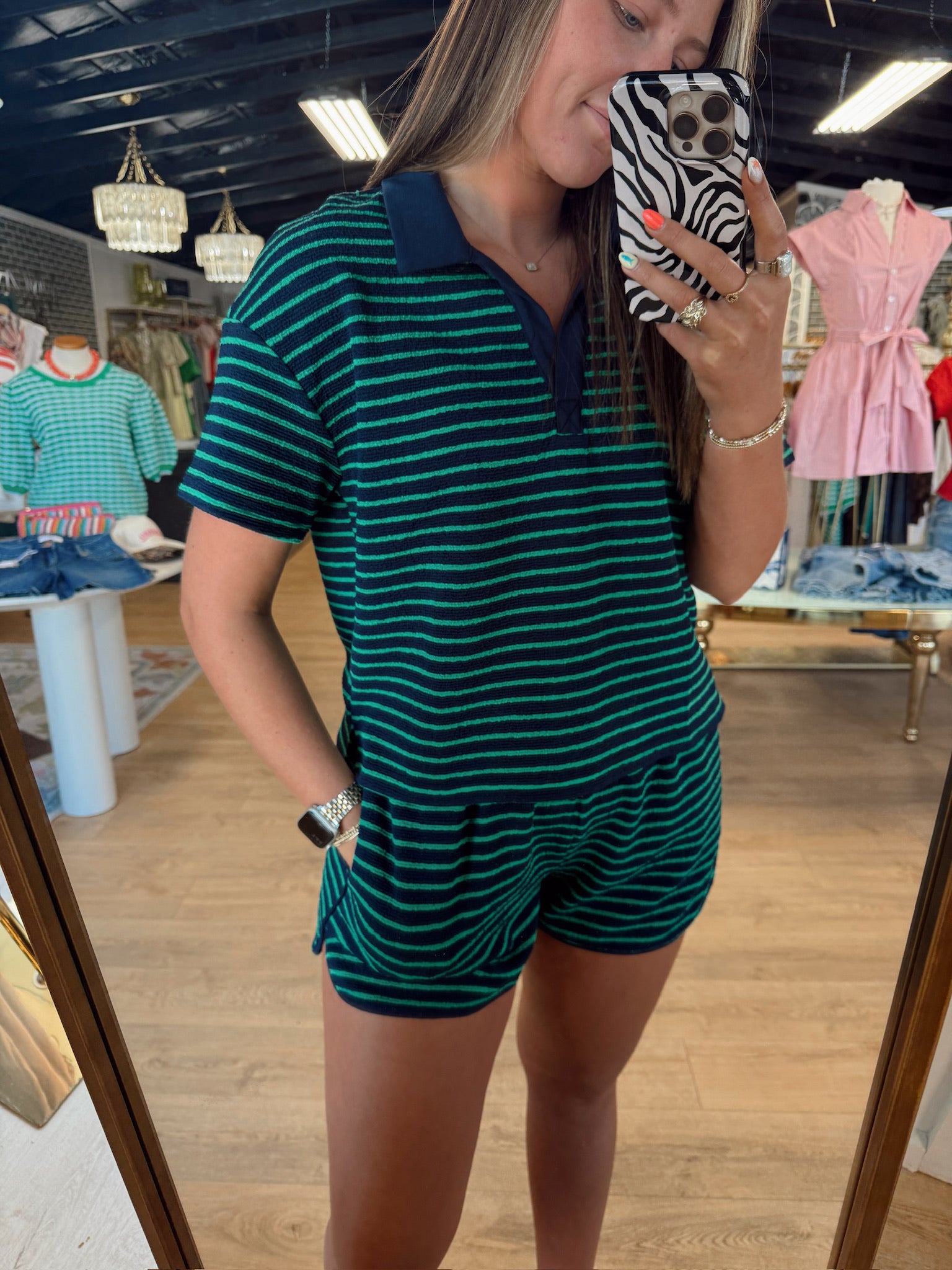 sadie and sage jetty shorts in navy and green