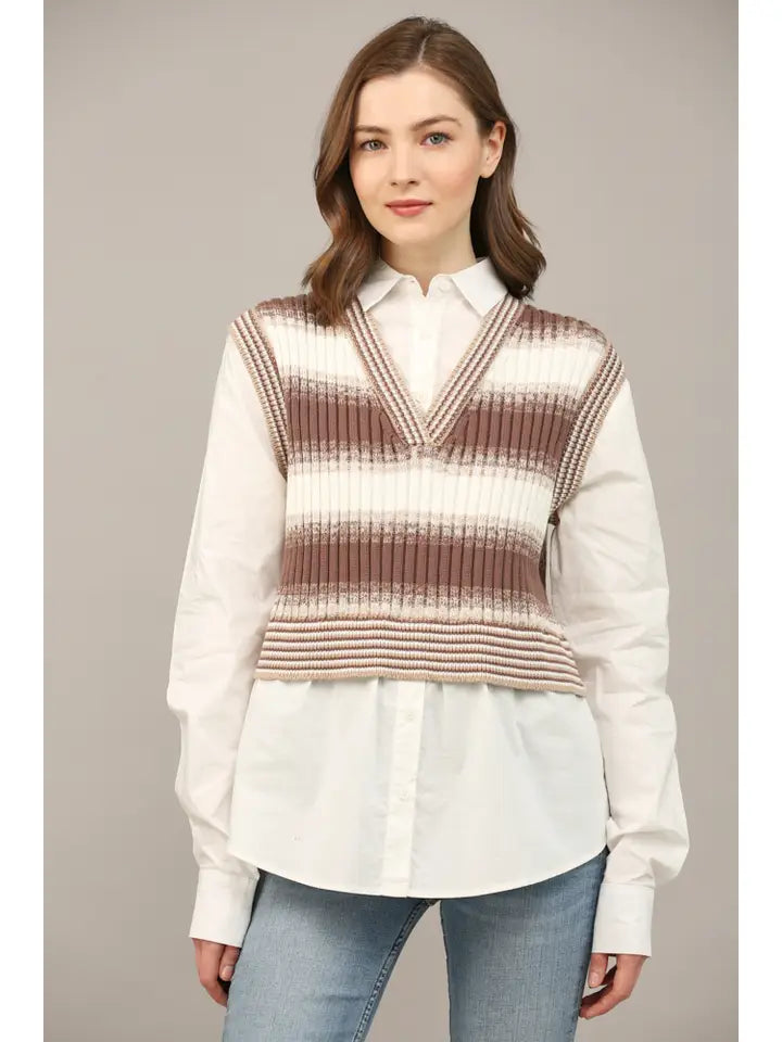 sally striped vest  twofer shirt in taupe combo