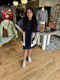 liverpool open front colorblock sweater in lapis oatmeal