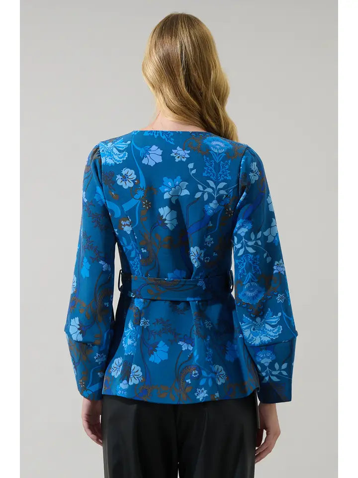 palmate floral peplum jacket in teal