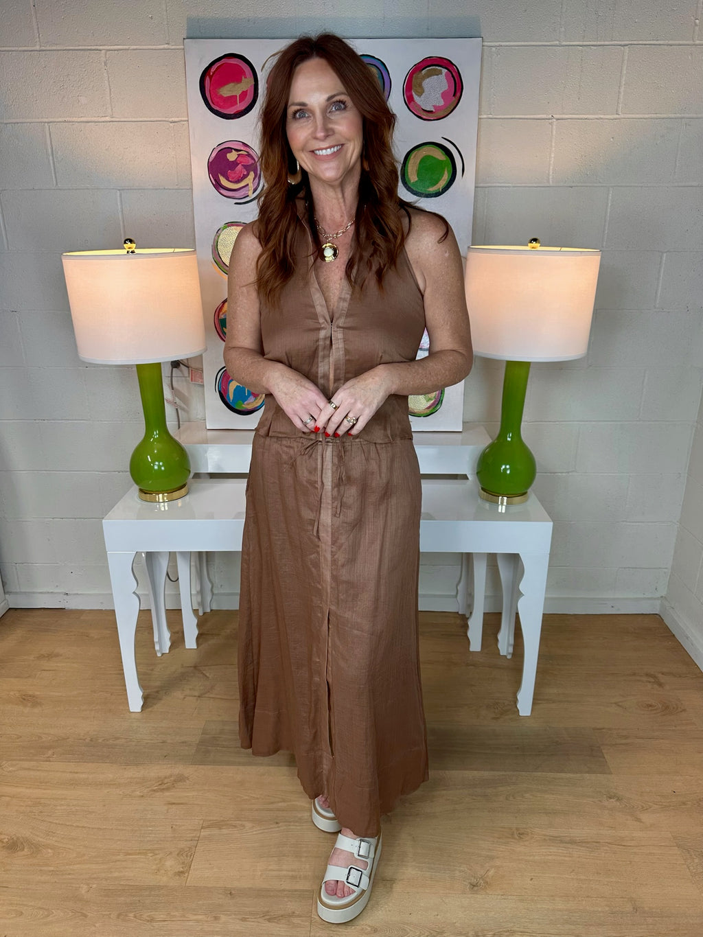 elan collared halter top in caramel