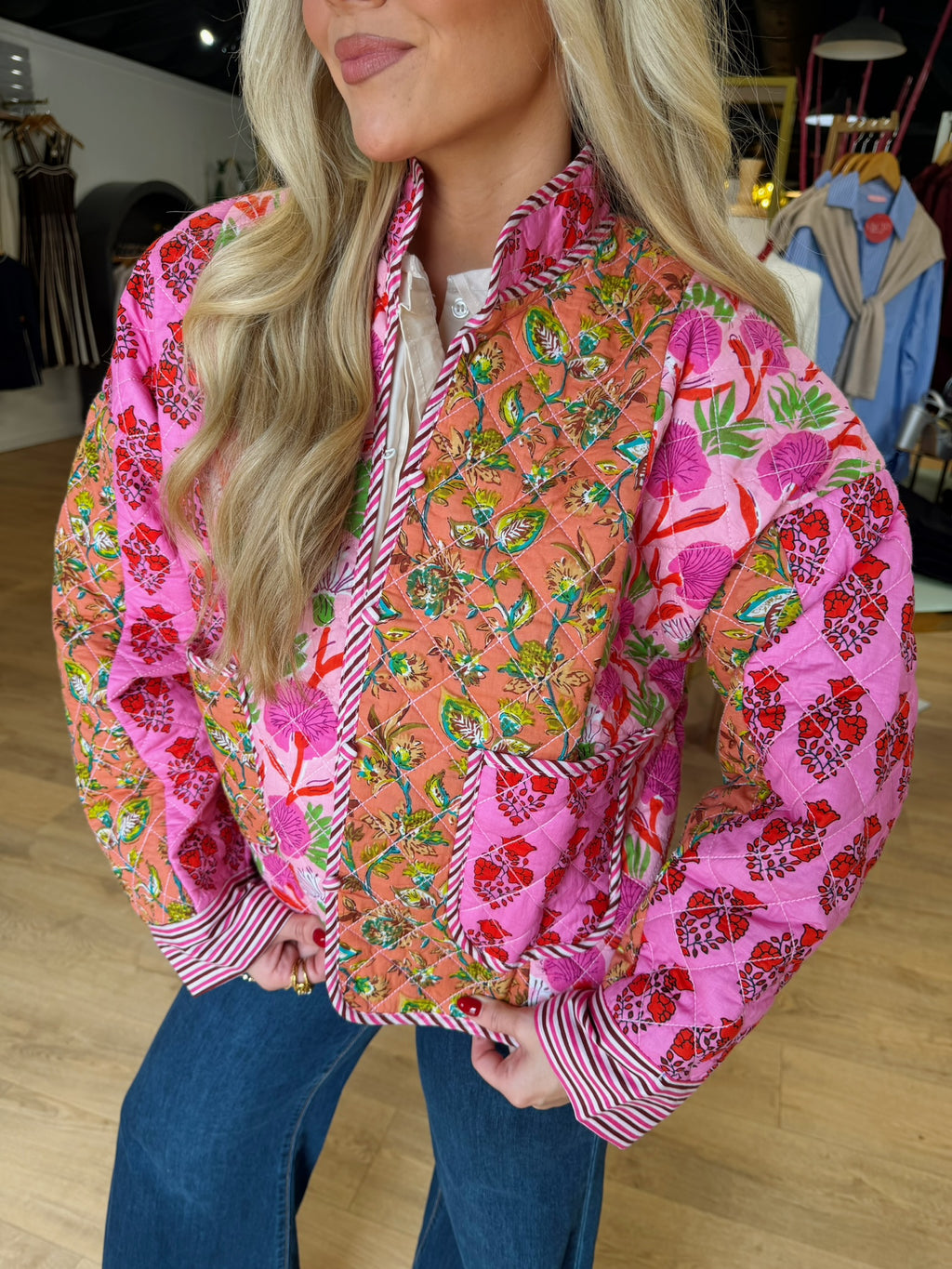 soho patchwork quilted jacket in multi pink