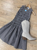 karlie check smocked mini dress in chocolate