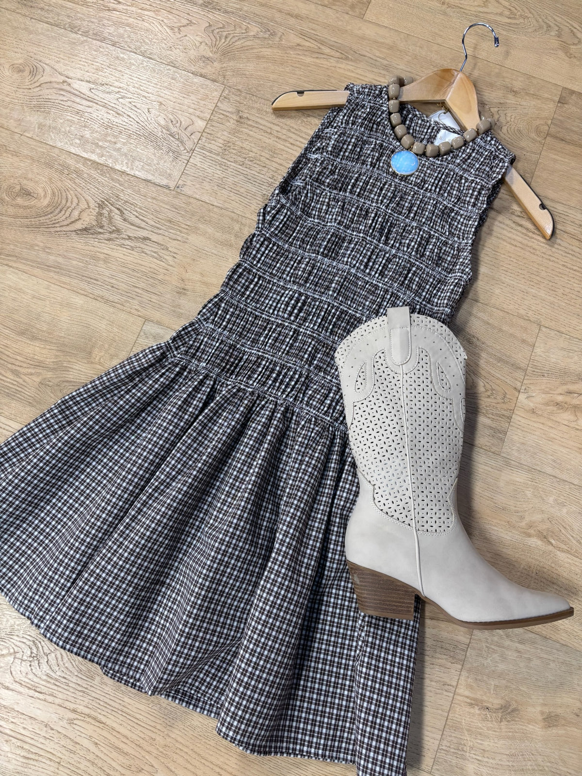 karlie check smocked mini dress in chocolate