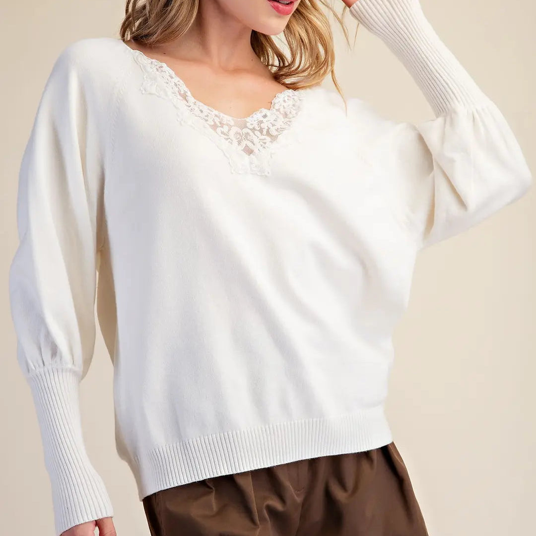 glam lace trimmed v-neck sweater in cream