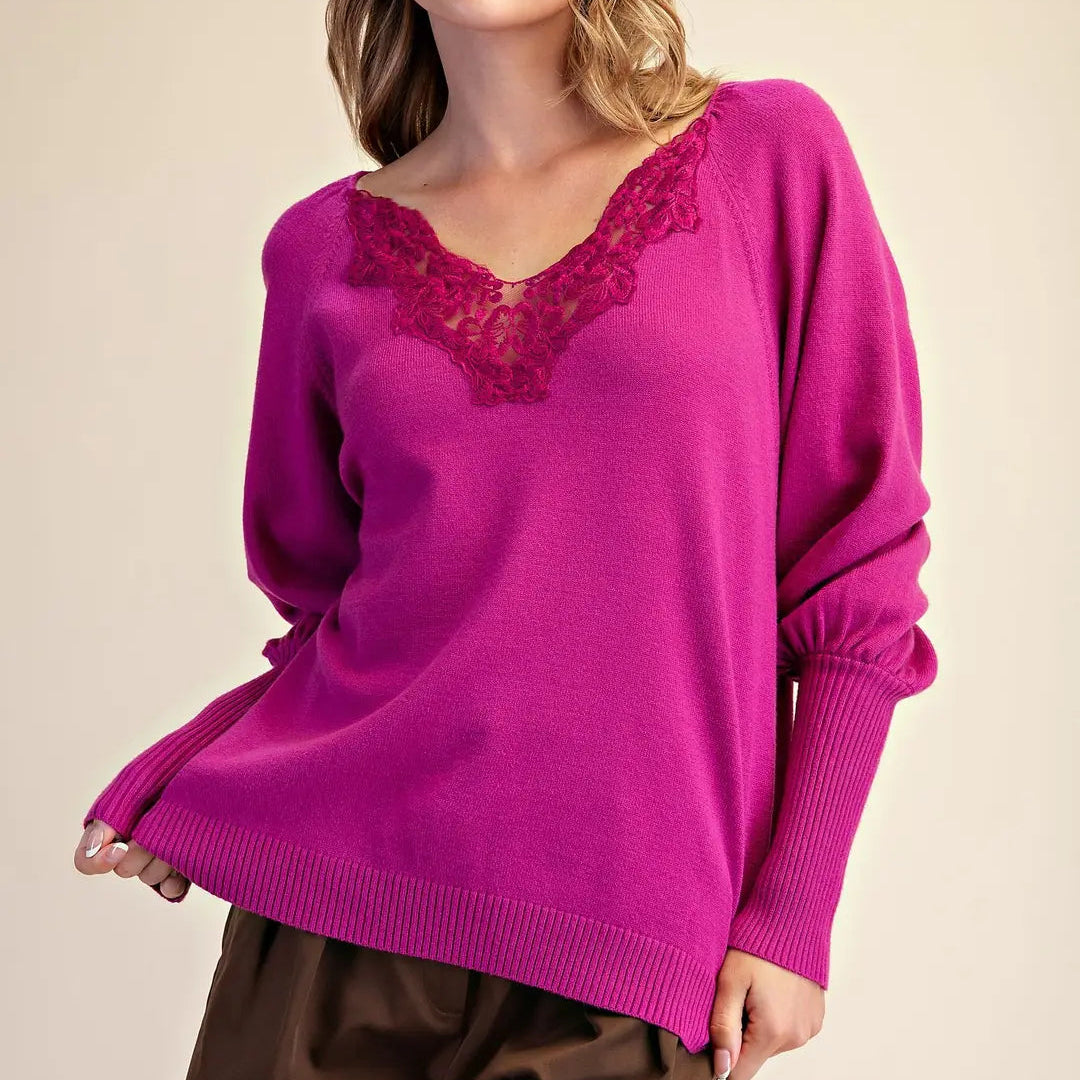 glam lace trimmed v-neck sweater in magenta