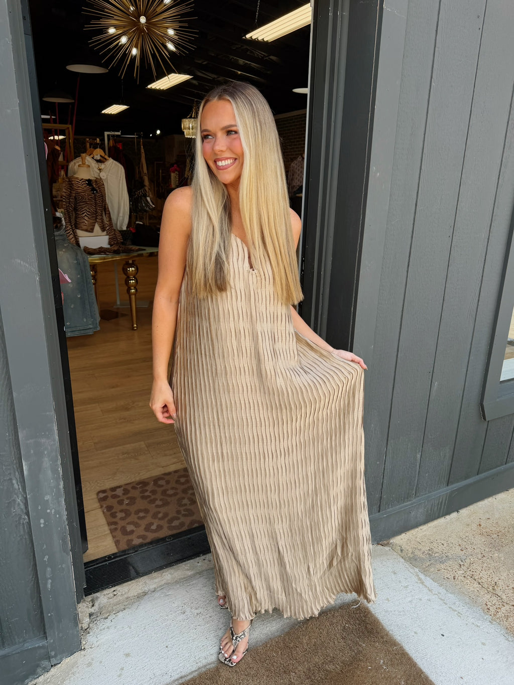 sage the label city daze slip dress in taupe