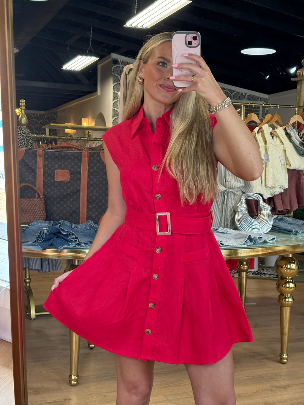 karlie solid linen belt shirt dress in red