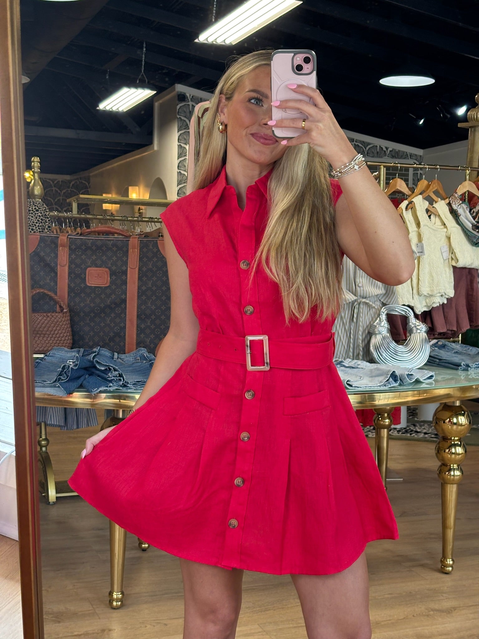 karlie solid linen belt shirt dress in red