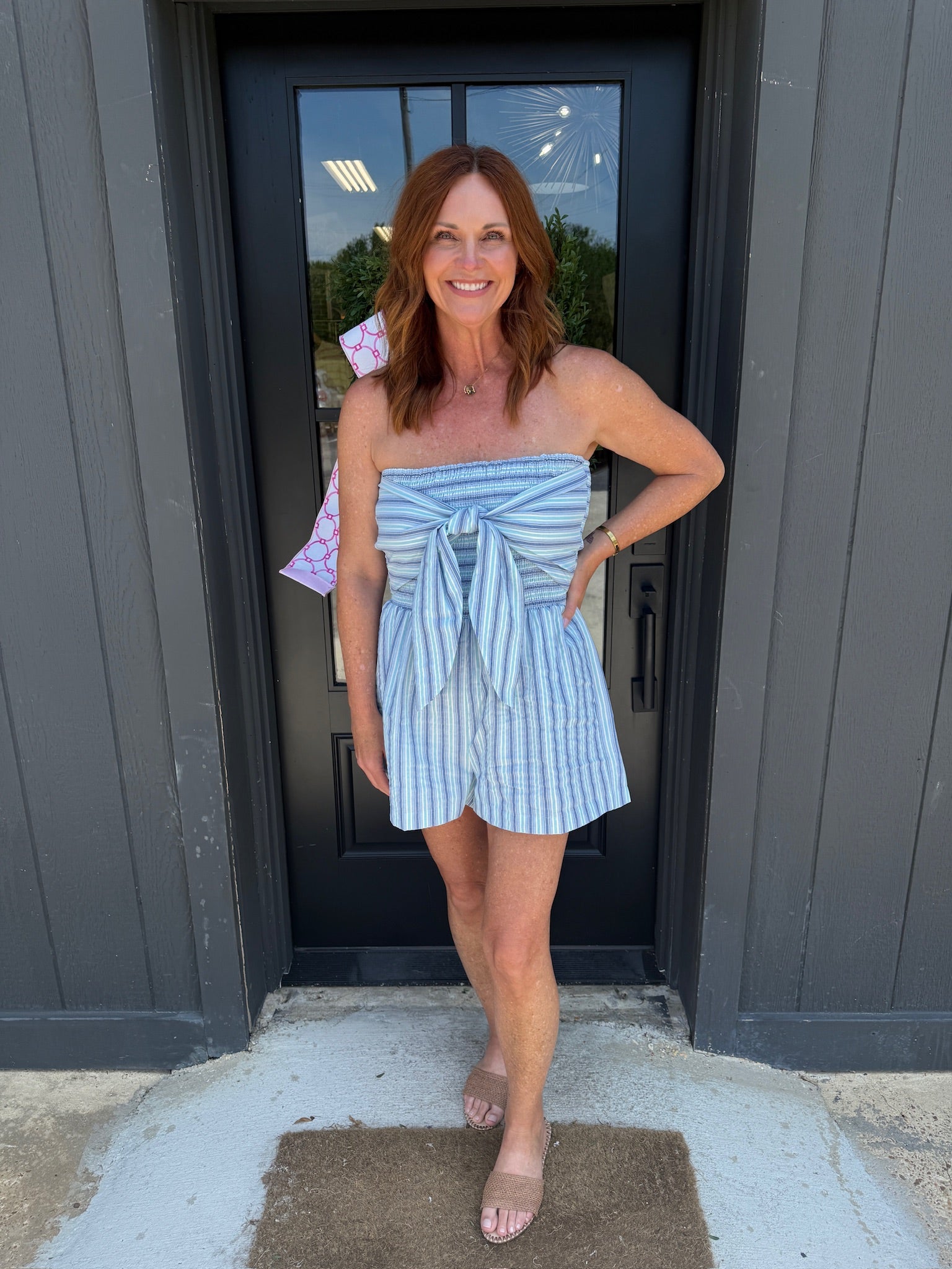 sage the label cape cod romper in blue multi