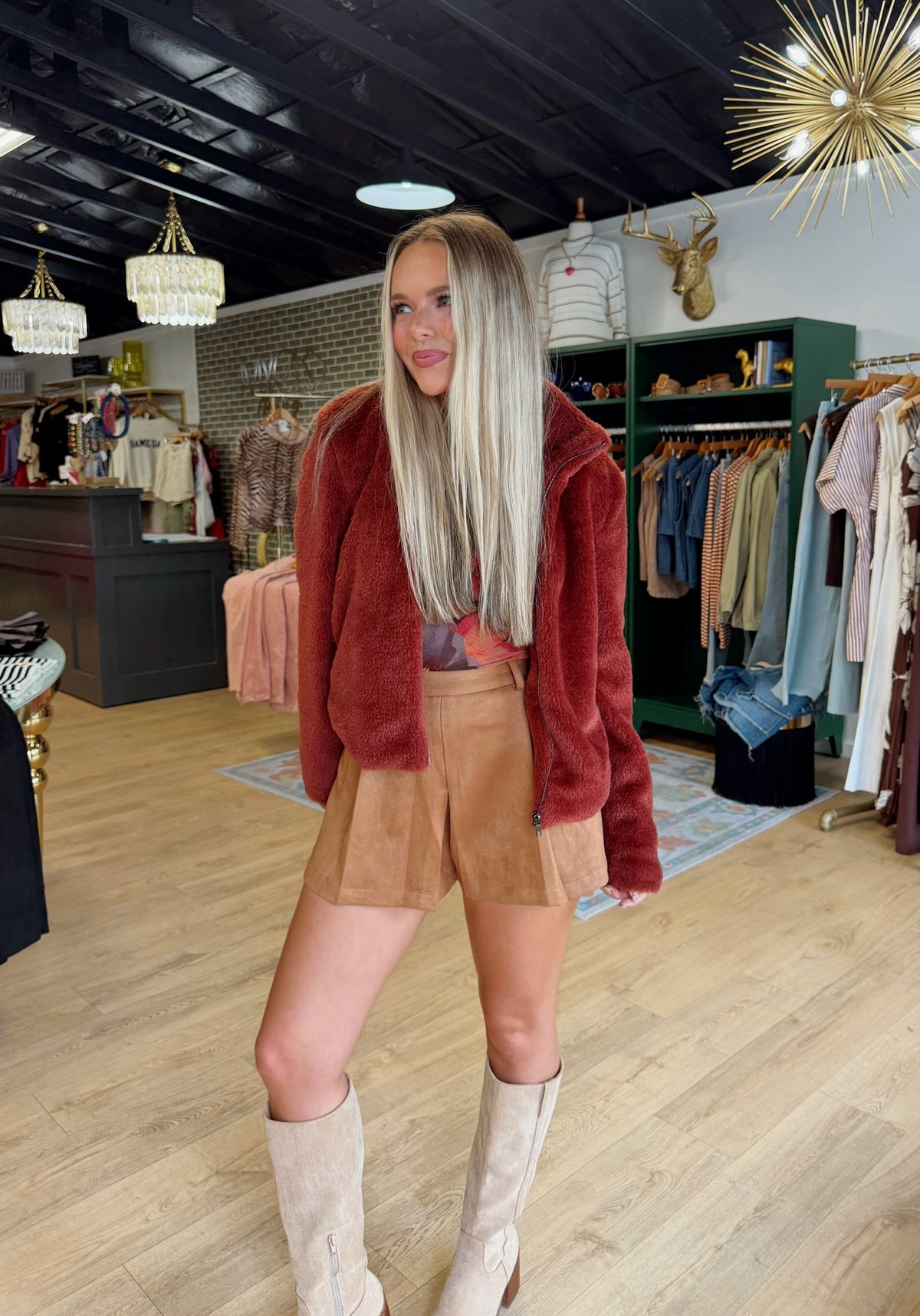 sadie and sage teddy faux fur jacket in burgundy
