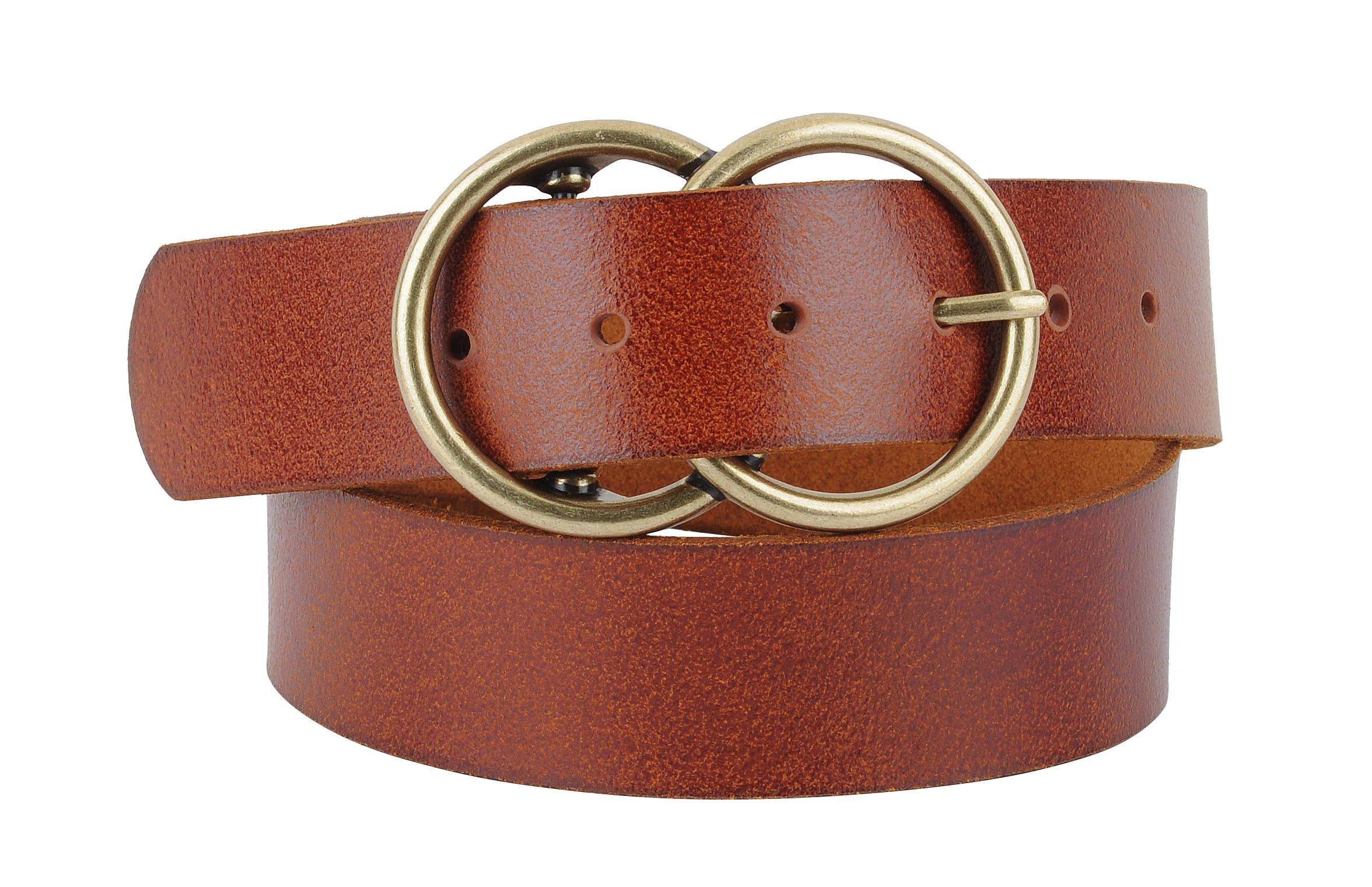 double circle buckle leather belt in tan