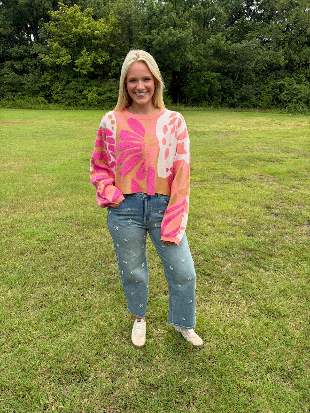 free people mia pullover in coral kiss combo