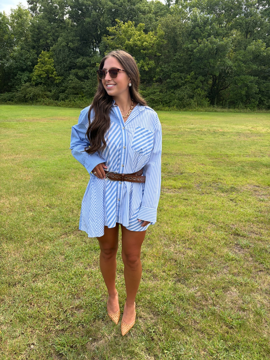 free people oxford club mini shirt dress in cornflower combo