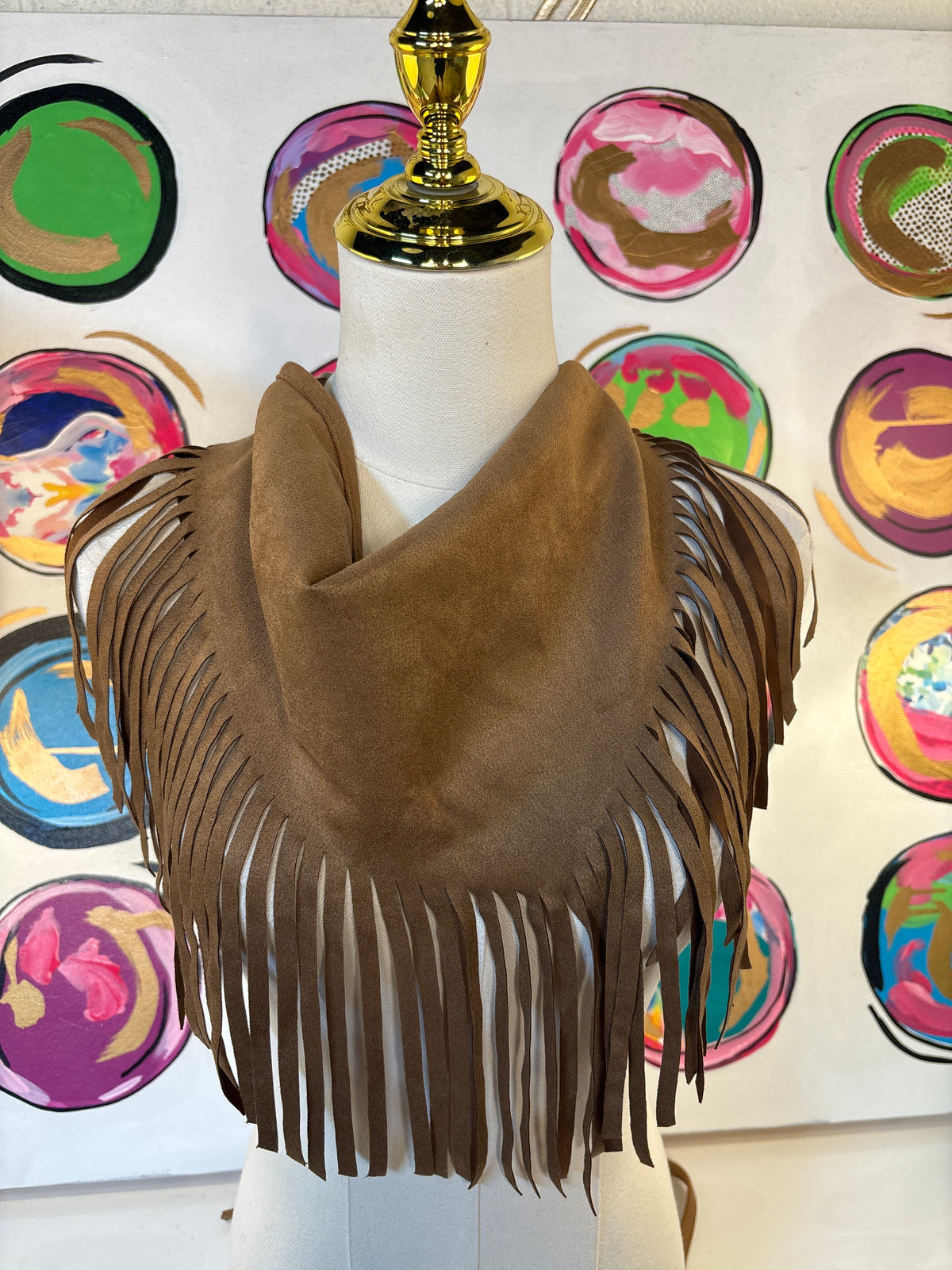 Fringe Trim Suede Triangle Scarf, camel