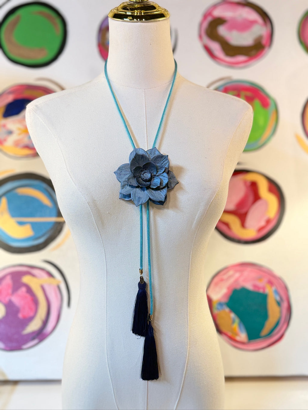 rahya designs || lotus flower bolo storm blue with turquoise & navy