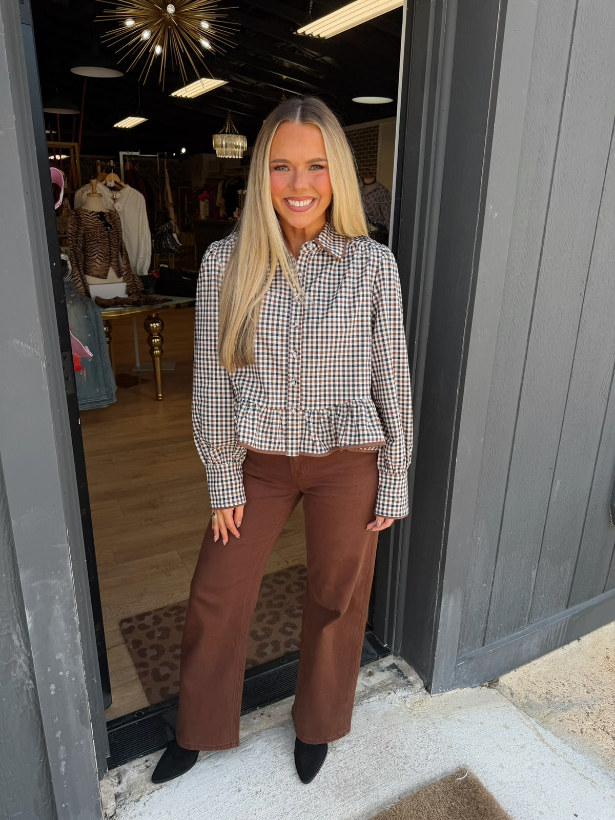 go gingham button down in chocolate combo