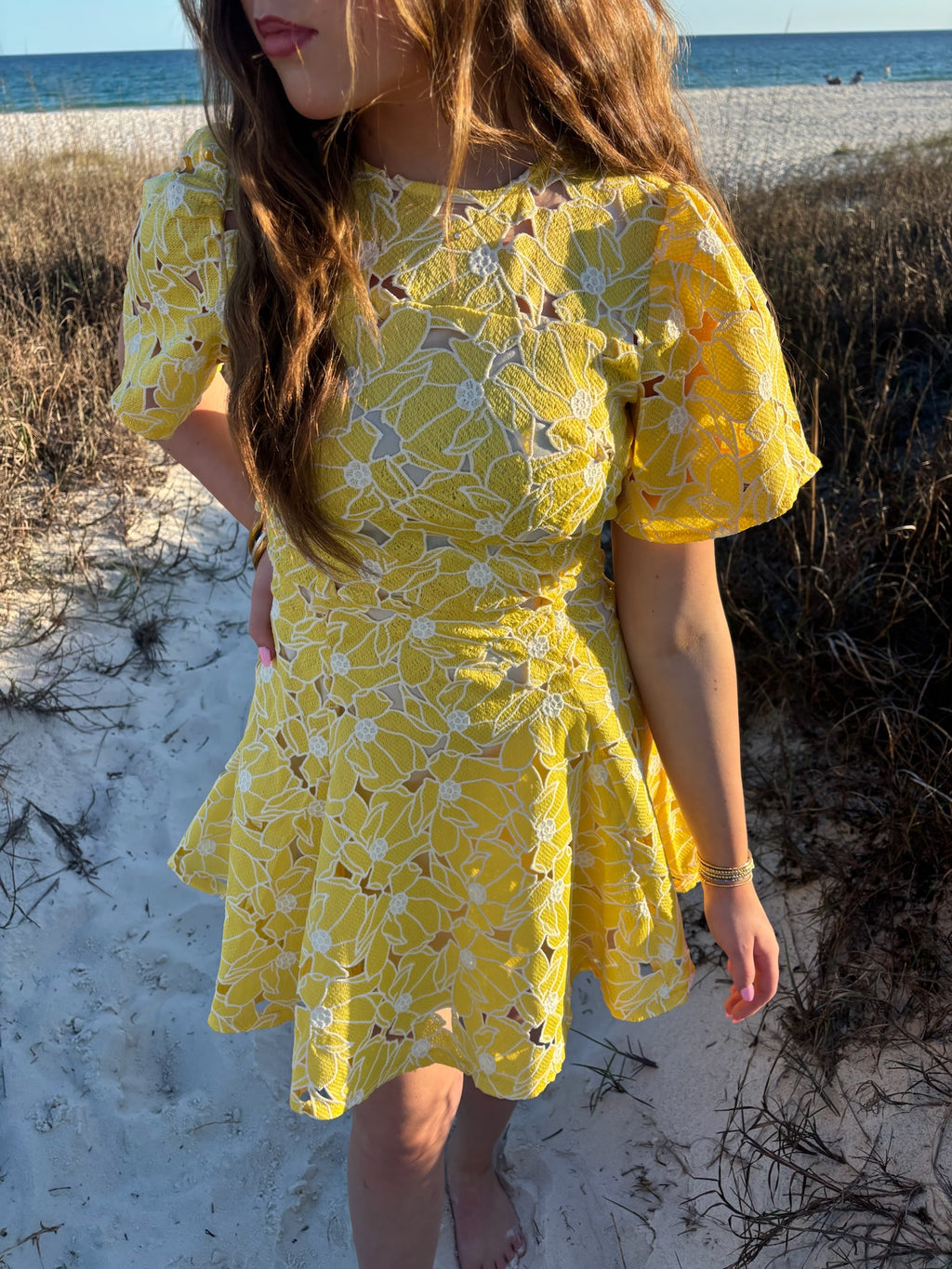 zoe and claire short flower lace dress in yellow