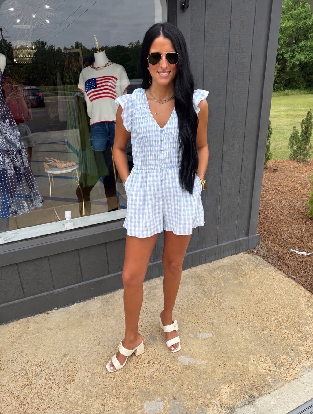 sadie & sage starlet gingham romper in sky-blue