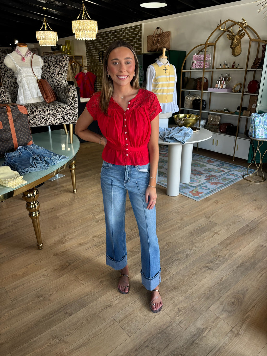 free people gemma embroidered top in high risk red