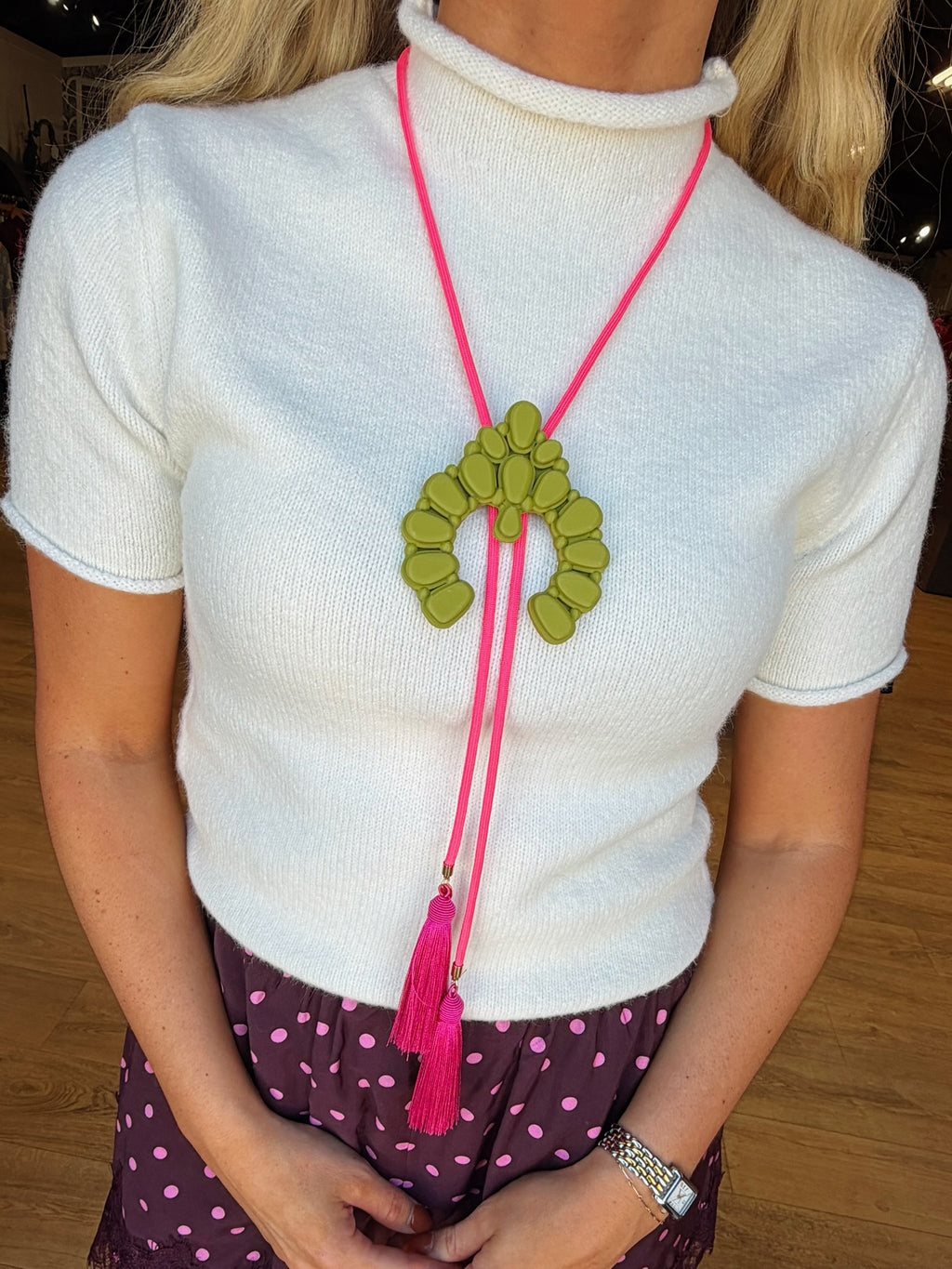 rayha designs || naja bolo olive green with neon pink & fuschia