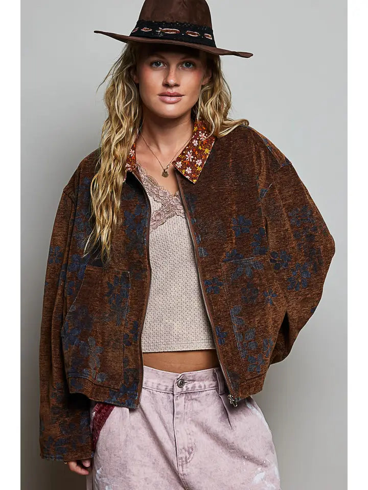 harper floral zip up jacket in rustic mocha