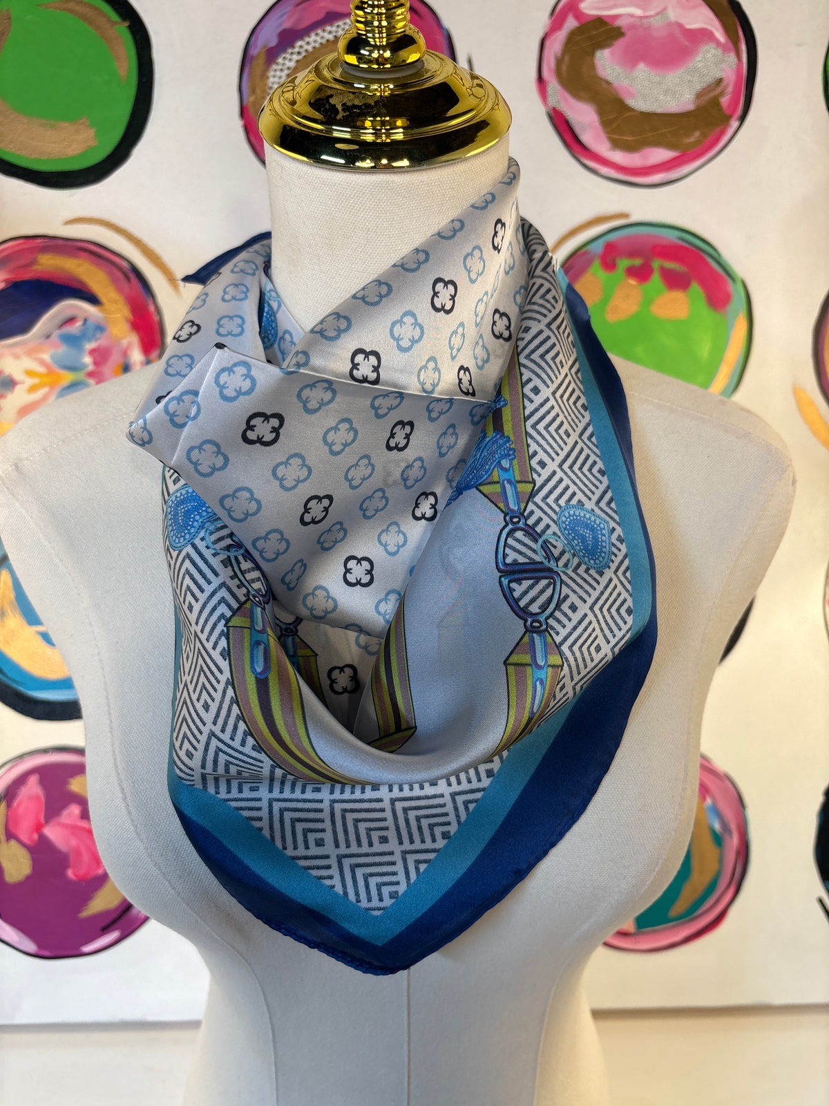Clover & Tassel Silk Bandana Scarf, Blue