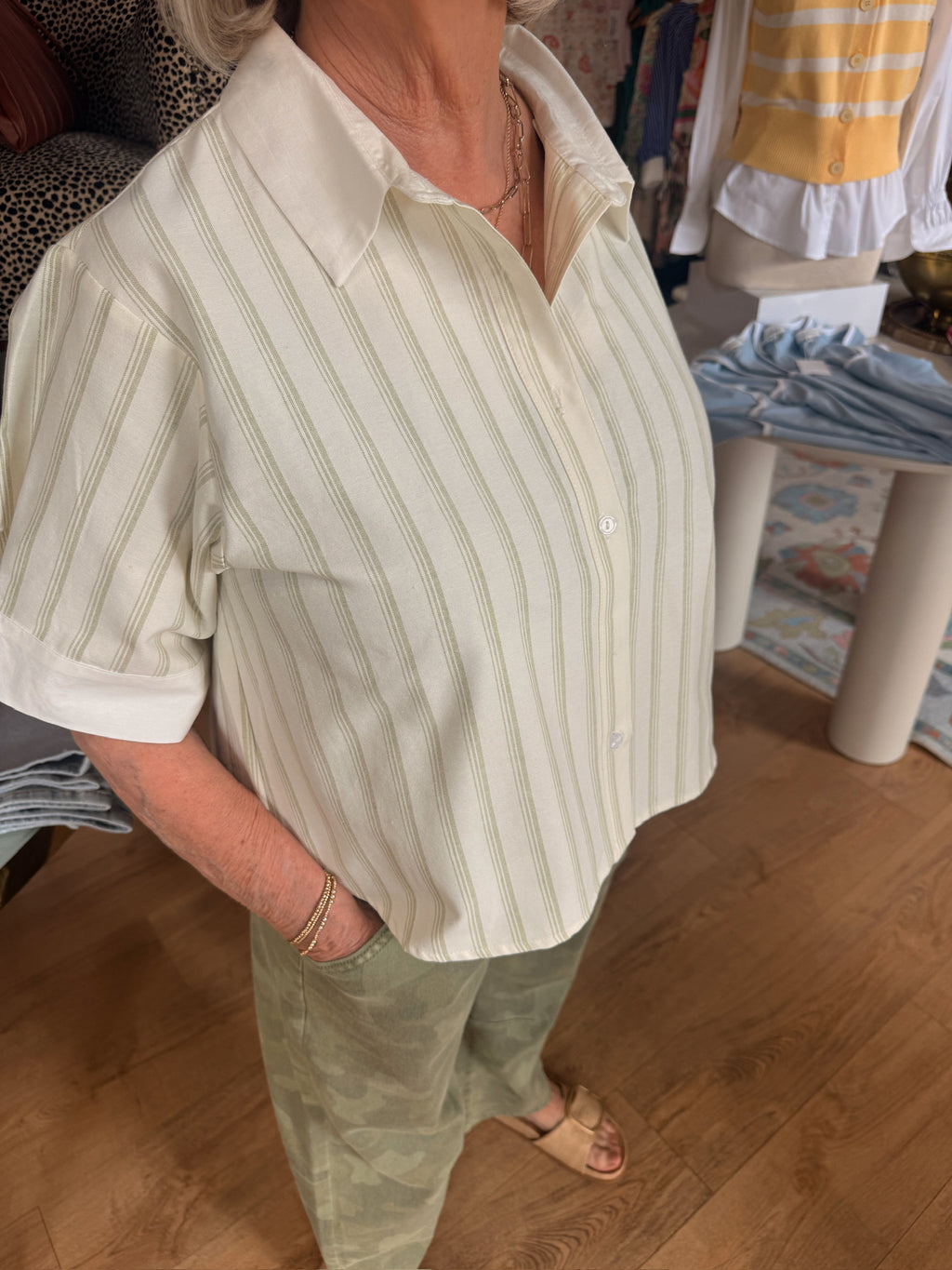 sadie and sage margs at sunset shirt in ivory and green