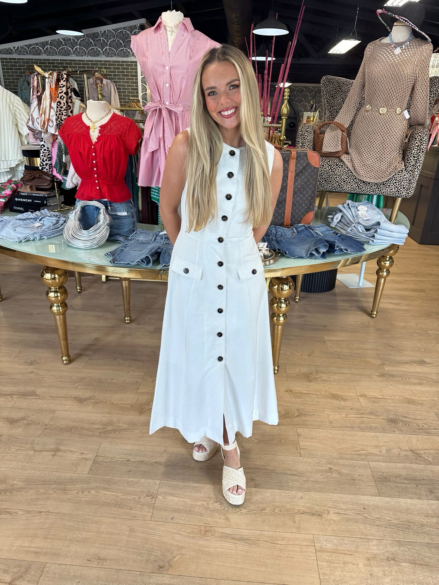 zoe and claire solid button up linen dress in oatmeal