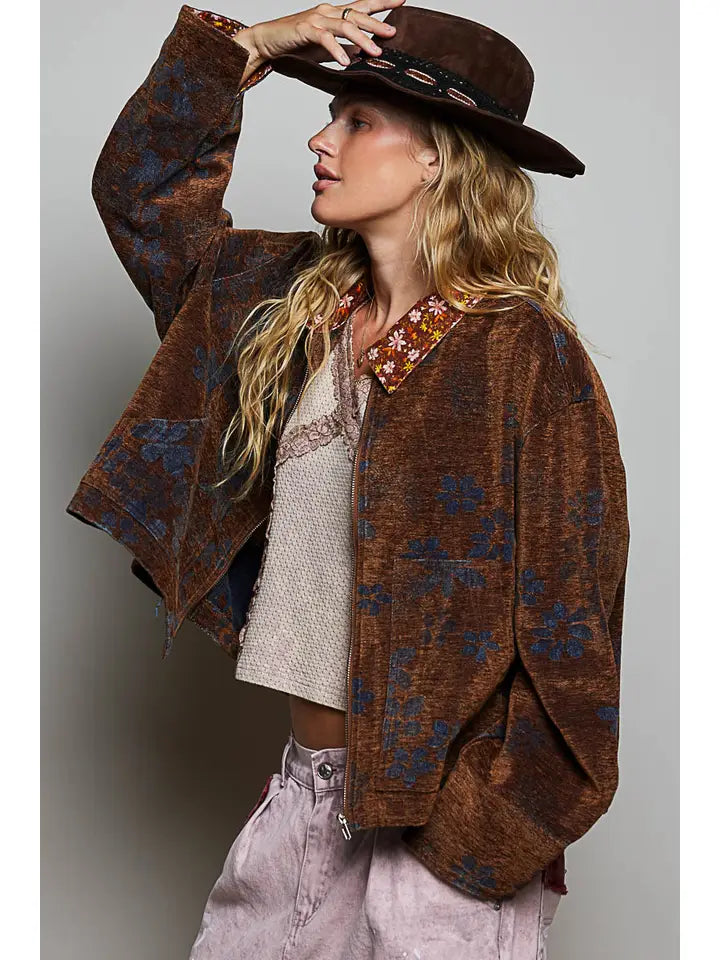 harper floral zip up jacket in rustic mocha