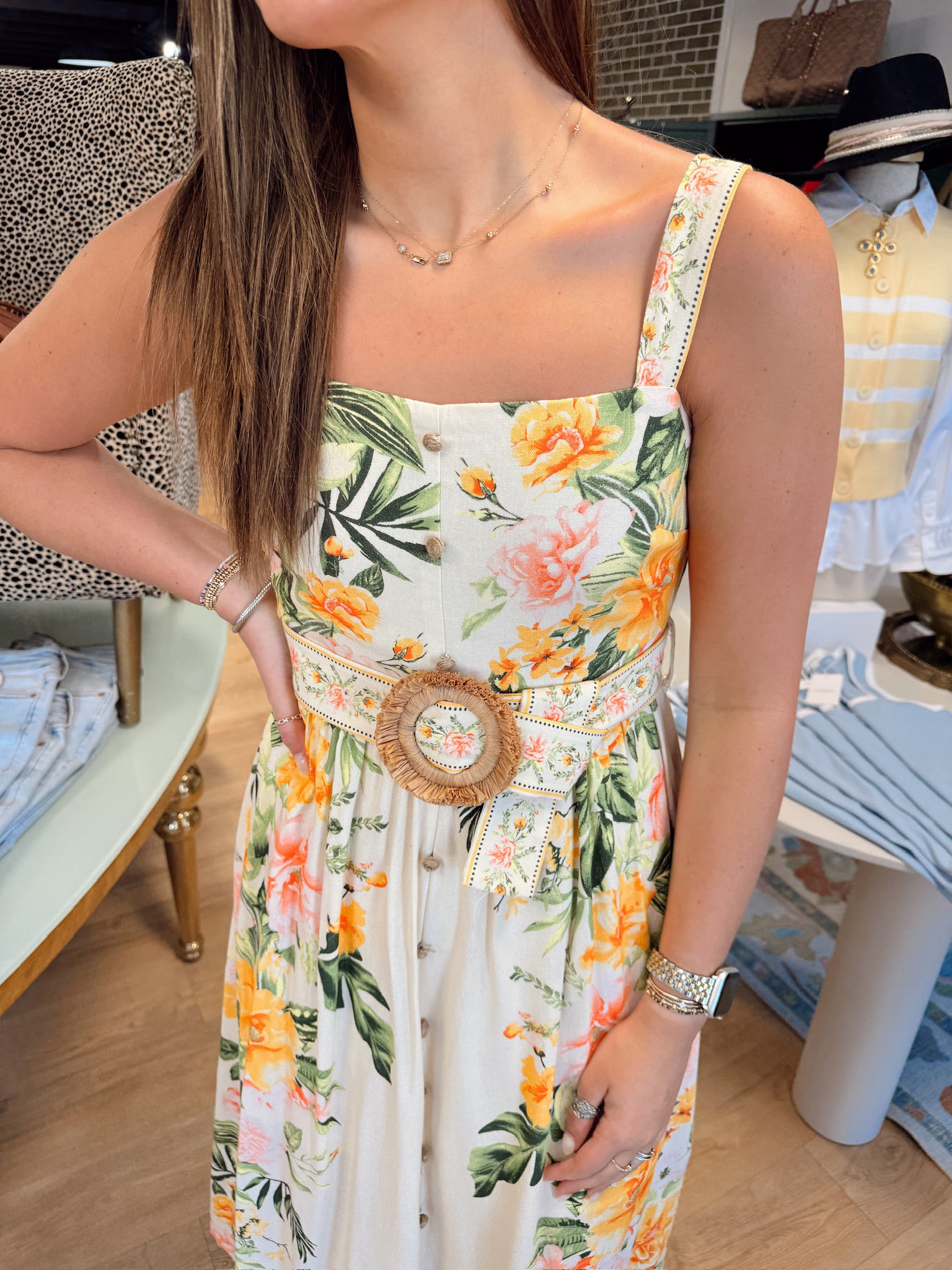 moon river sleeveless square neck floral print belt detail midi dress
