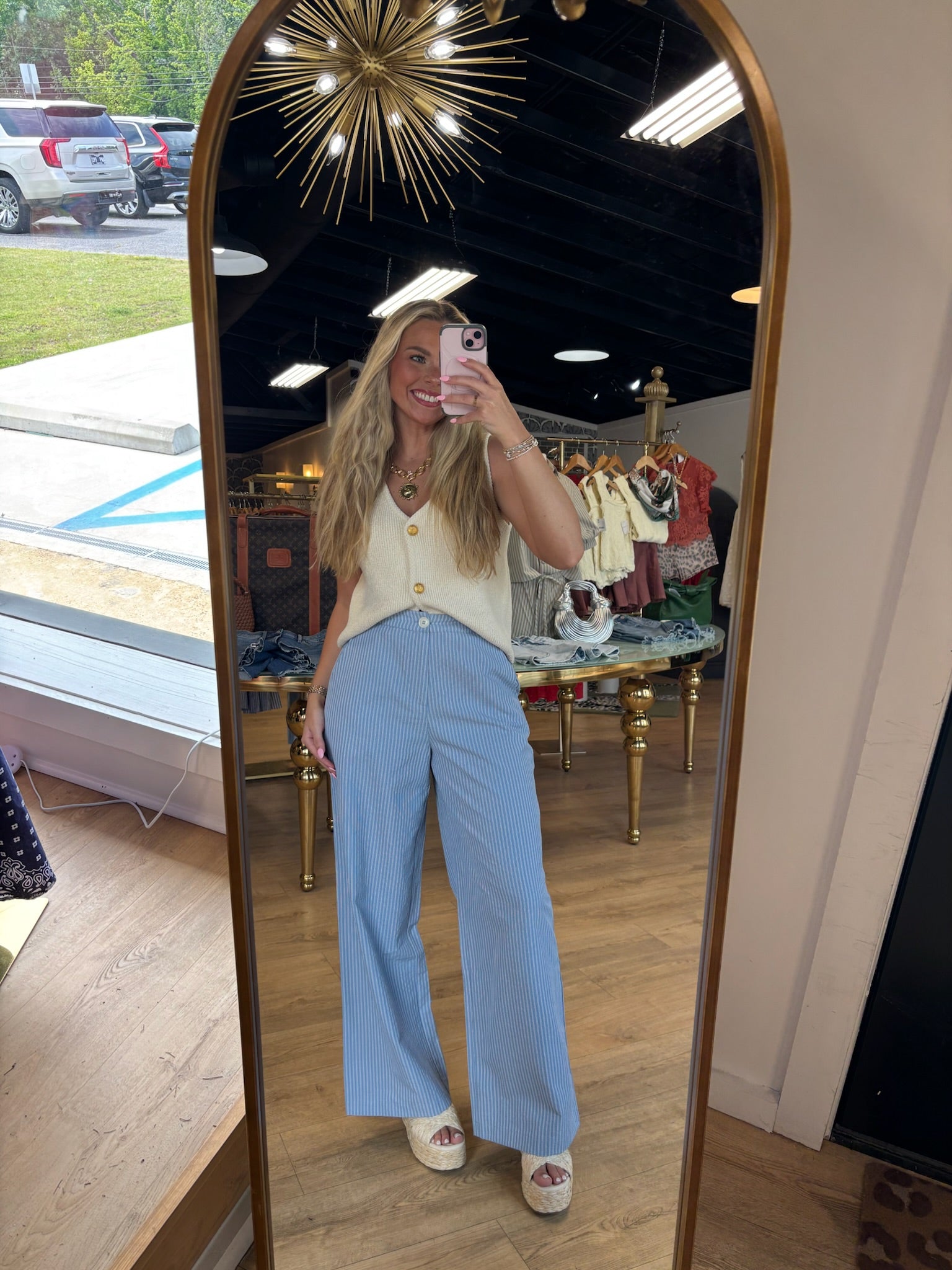 sage the label windows down pants in blue ivory