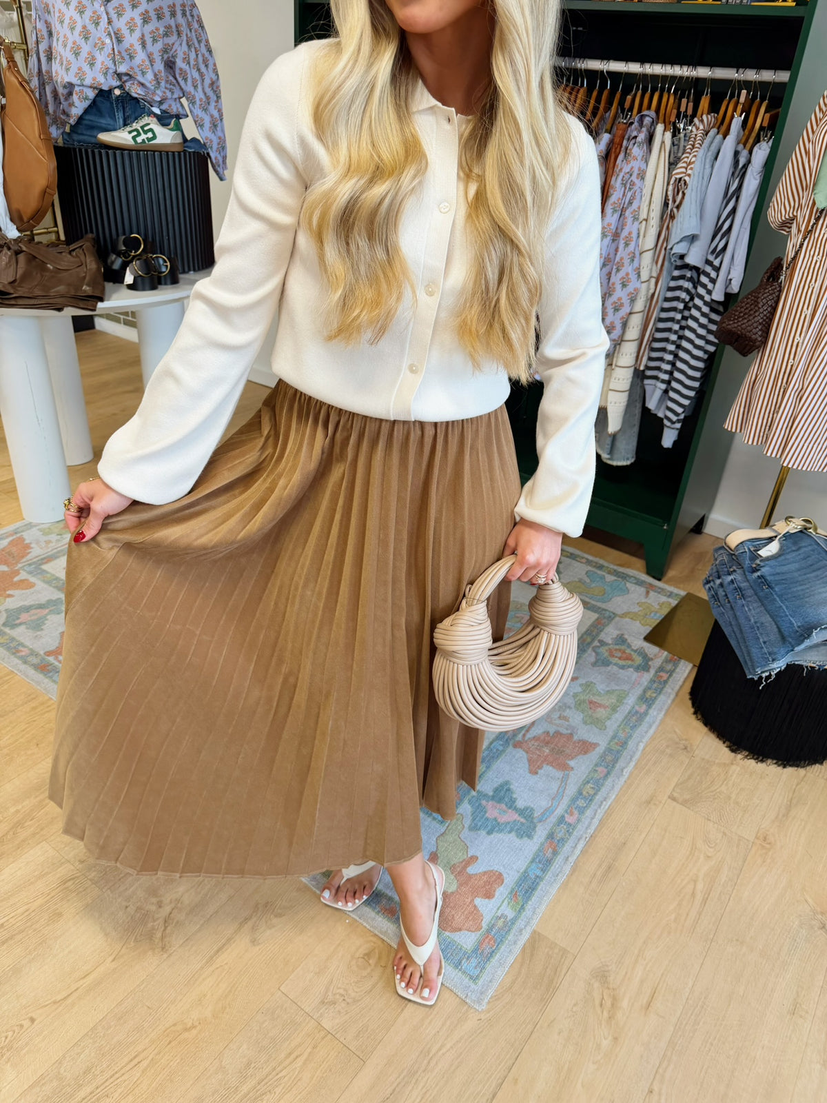 current air pleated swing skirt in light brown corduroy