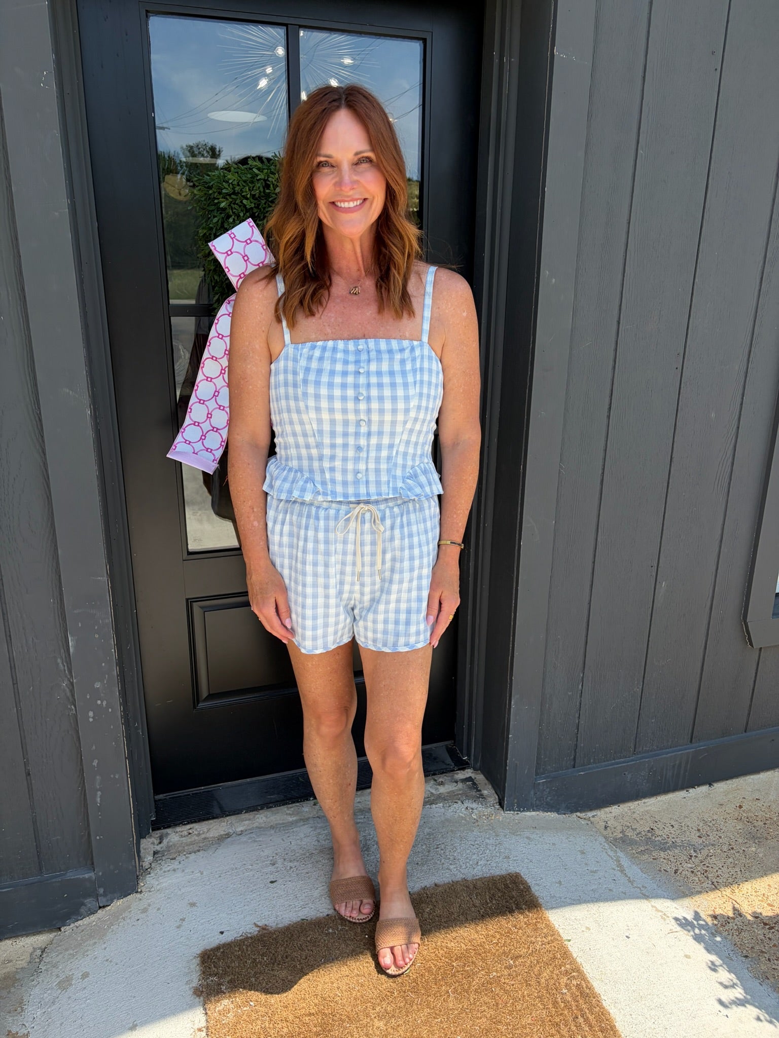 sadie & sage starlet gingham shorts in sky blue