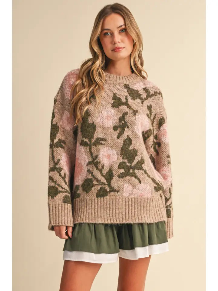 klesis whimsy floral sweater in taupe