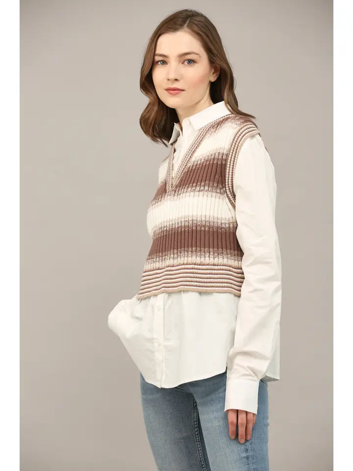 sally striped vest  twofer shirt in taupe combo