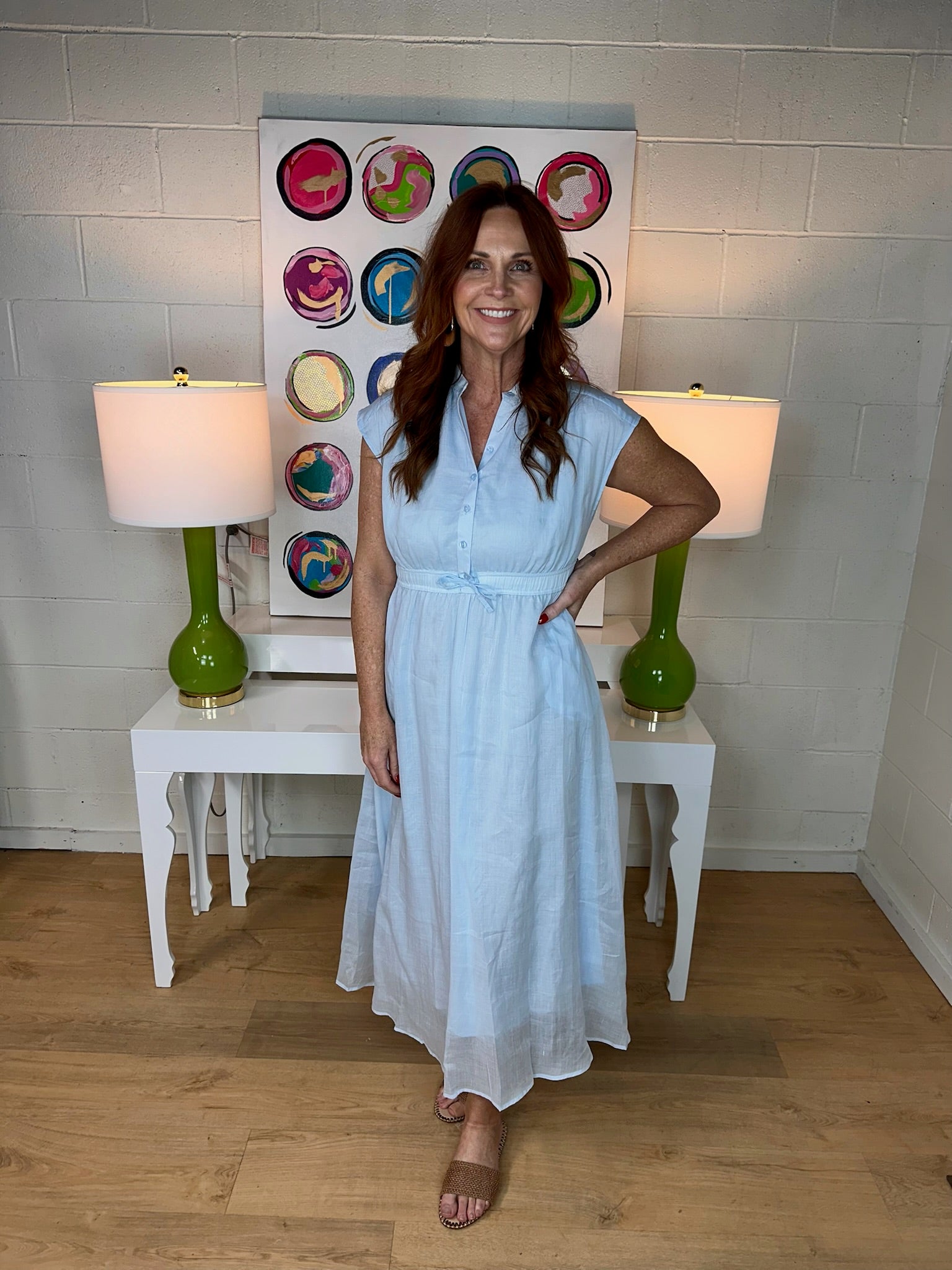 elan midi dress with tie waist in light blue