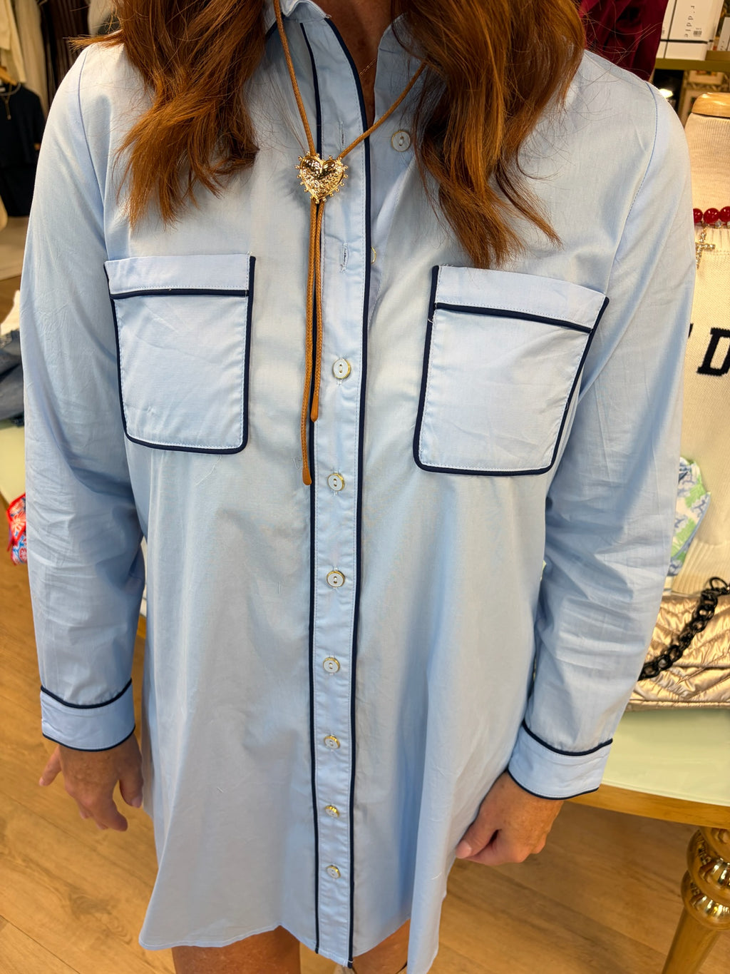 karlie solid poplin contrast pocket dress in powder blue combo