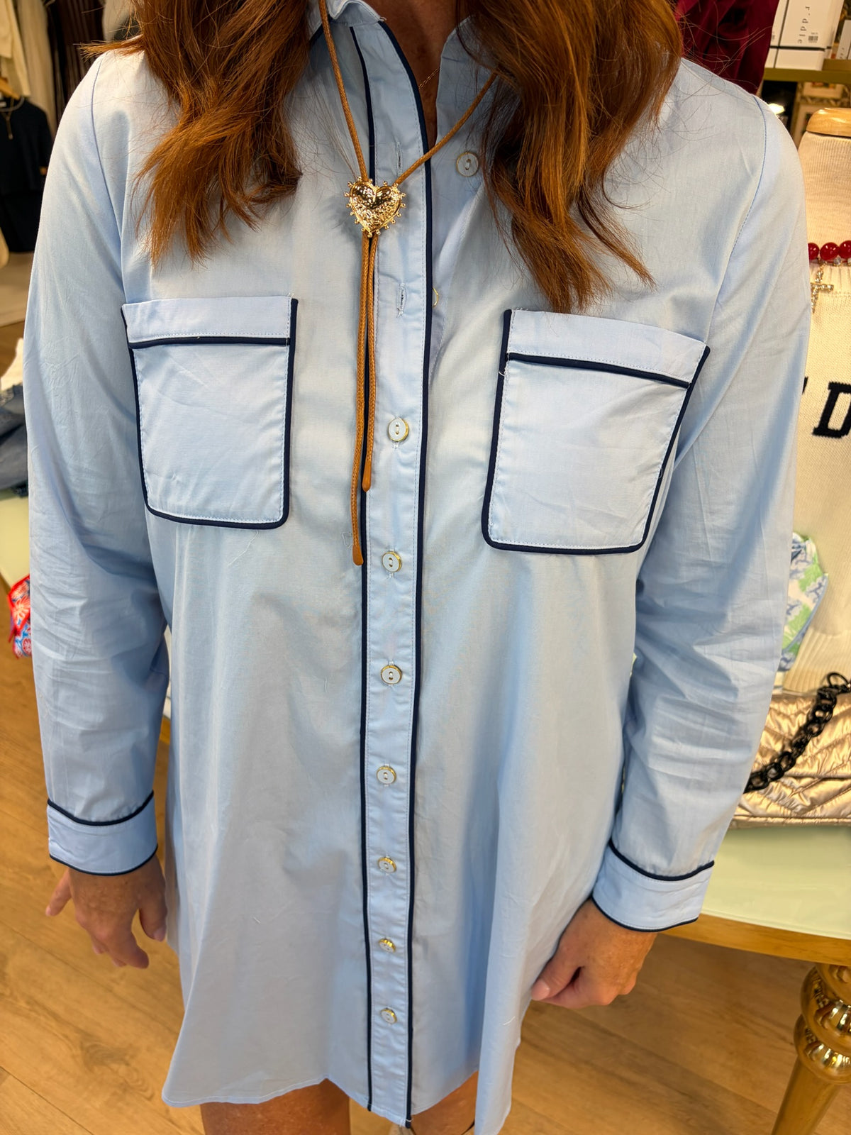 karlie solid poplin contrast pocket dress in powder blue combo