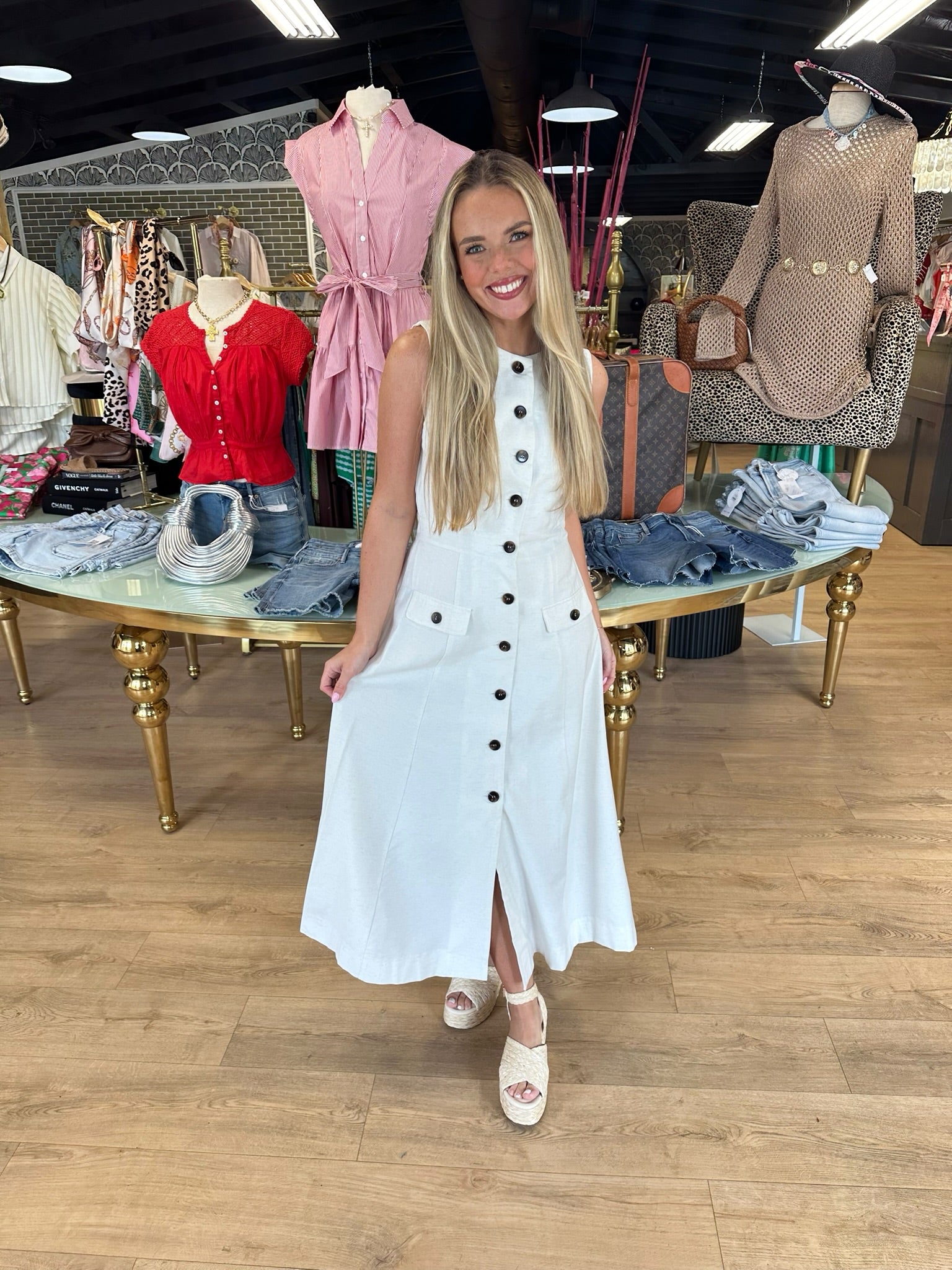 zoe and claire solid button up linen dress in oatmeal