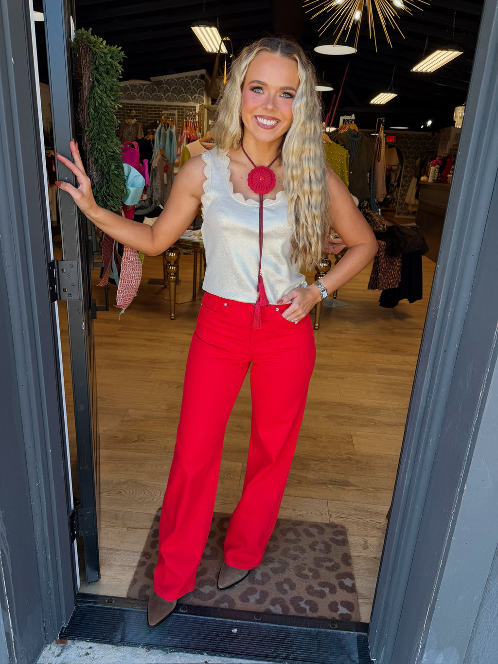 mica wide leg denim in husker red