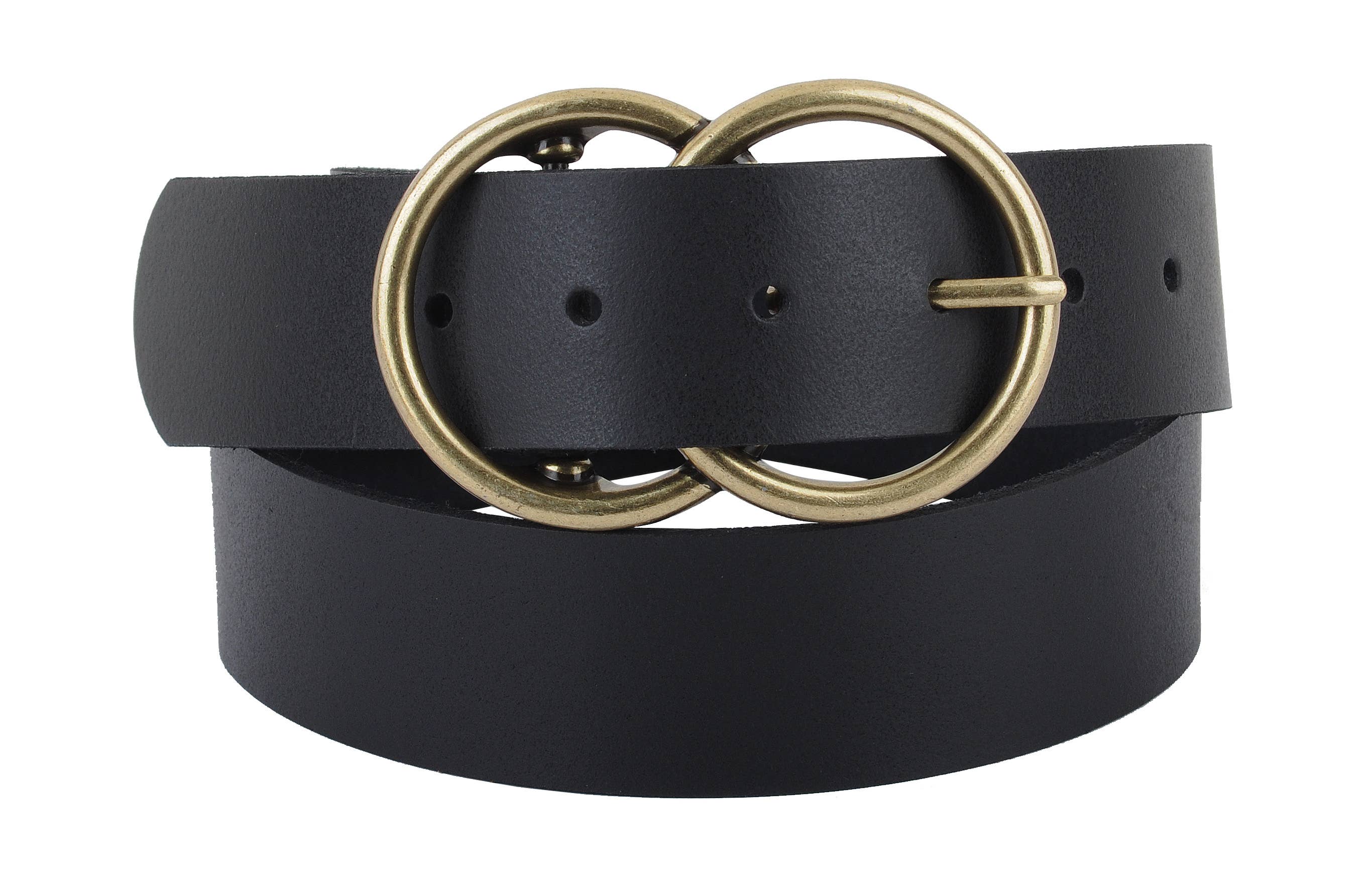 double circle buckle leather belt in black
