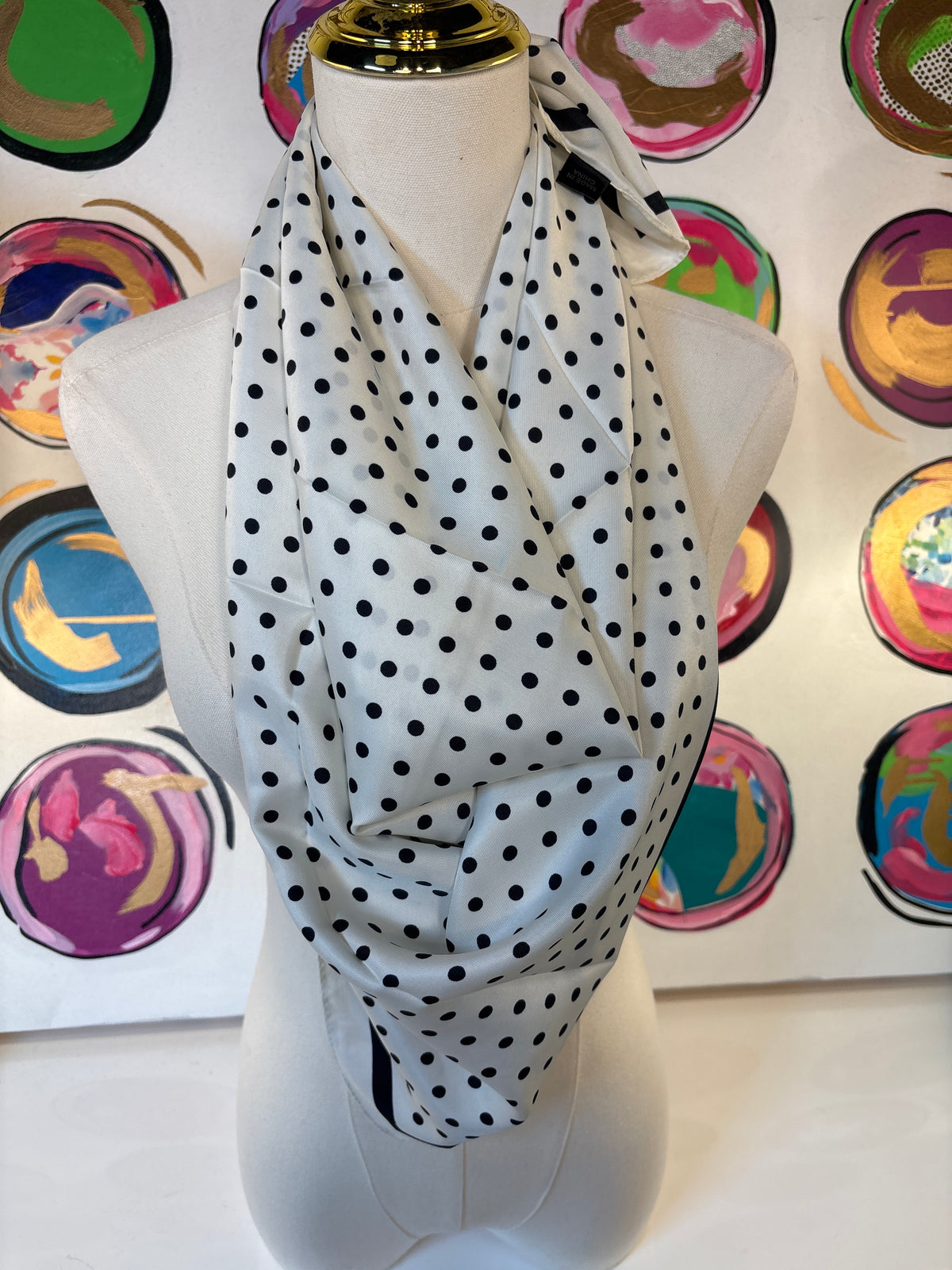 Silk Feel Polka Dot Scarf, White/Bk