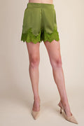 glam satin short with lace trim in olive