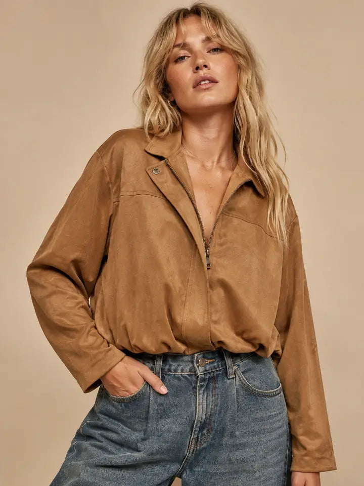 gemma bubble top in camel suede